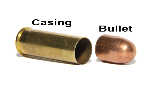 A fired cartridge case and a fired bullet.